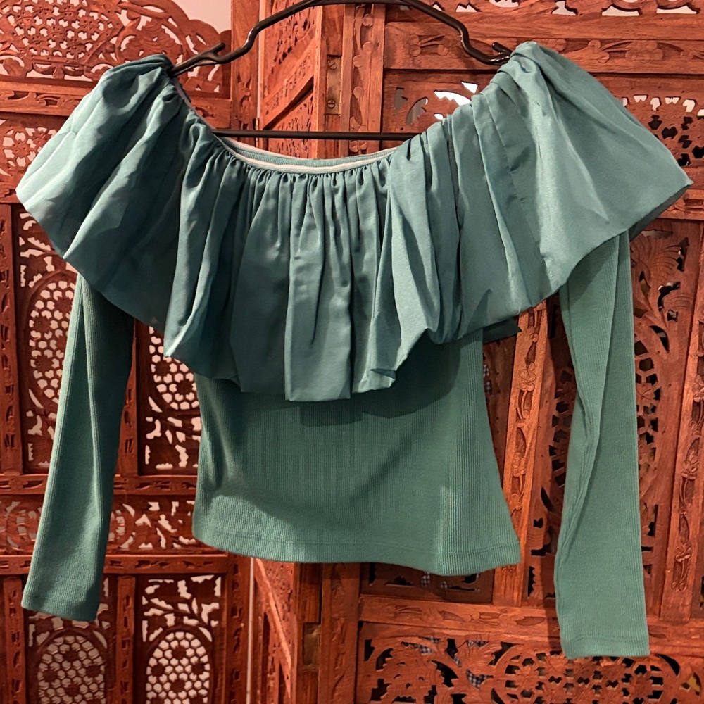 Anthropologie Teal Off-Shoulder Ruffle Long Sleeve Top